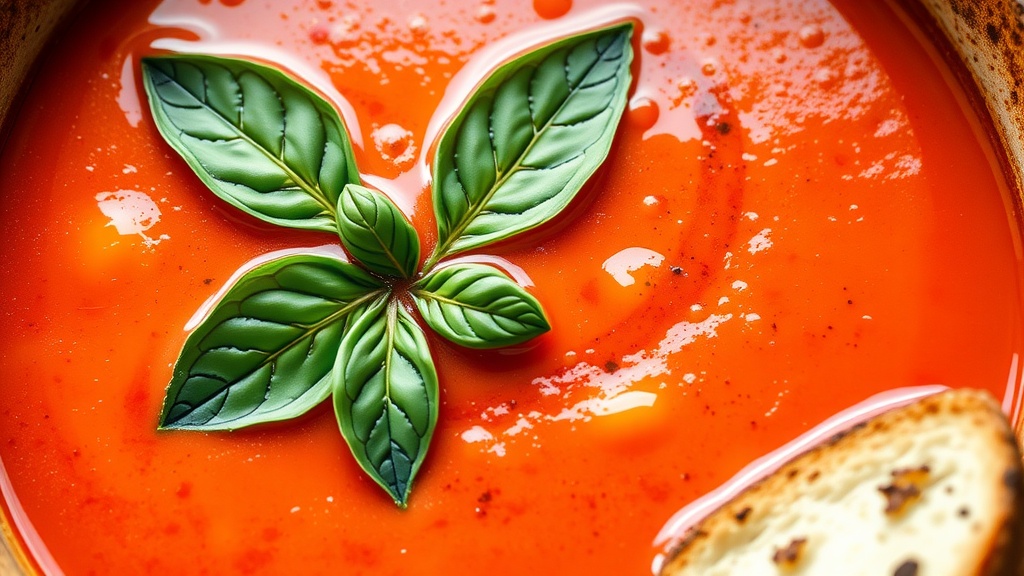 Classic Tomato Basil Soup Recipe A bowl of Tomato Basil Soup garnished with basil leaves and olive oil, accompanied by crusty bread.